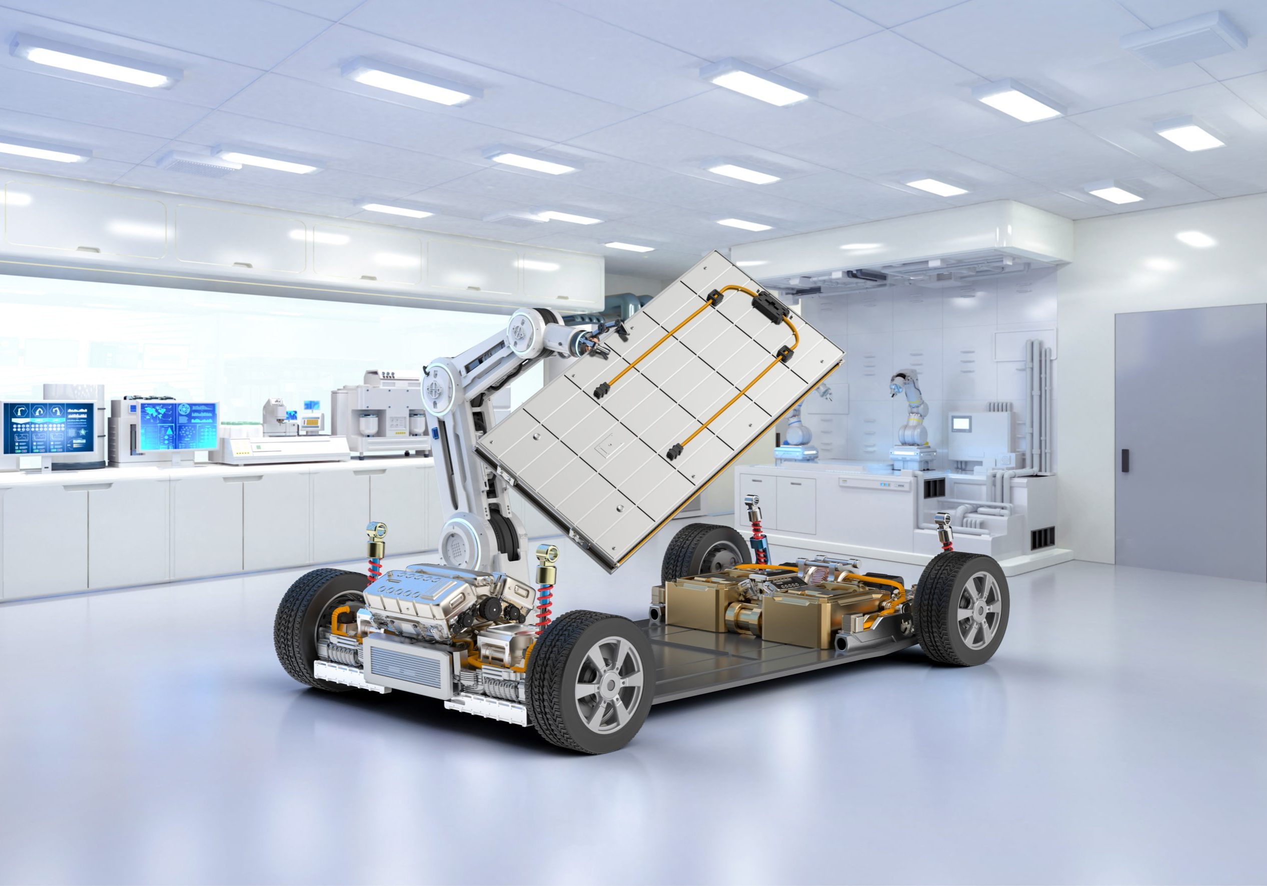 Automation automobile factory concept with 3d rendering robot assembly line with electric car battery cells module on platform